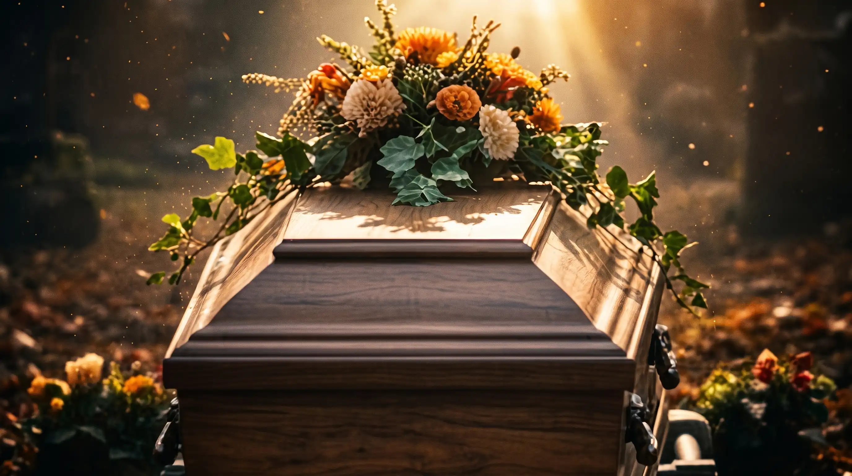 Alt-Text: Massiver Holzssarg mit edlem Blumenschmuck und Efeu bei der Beisetzung