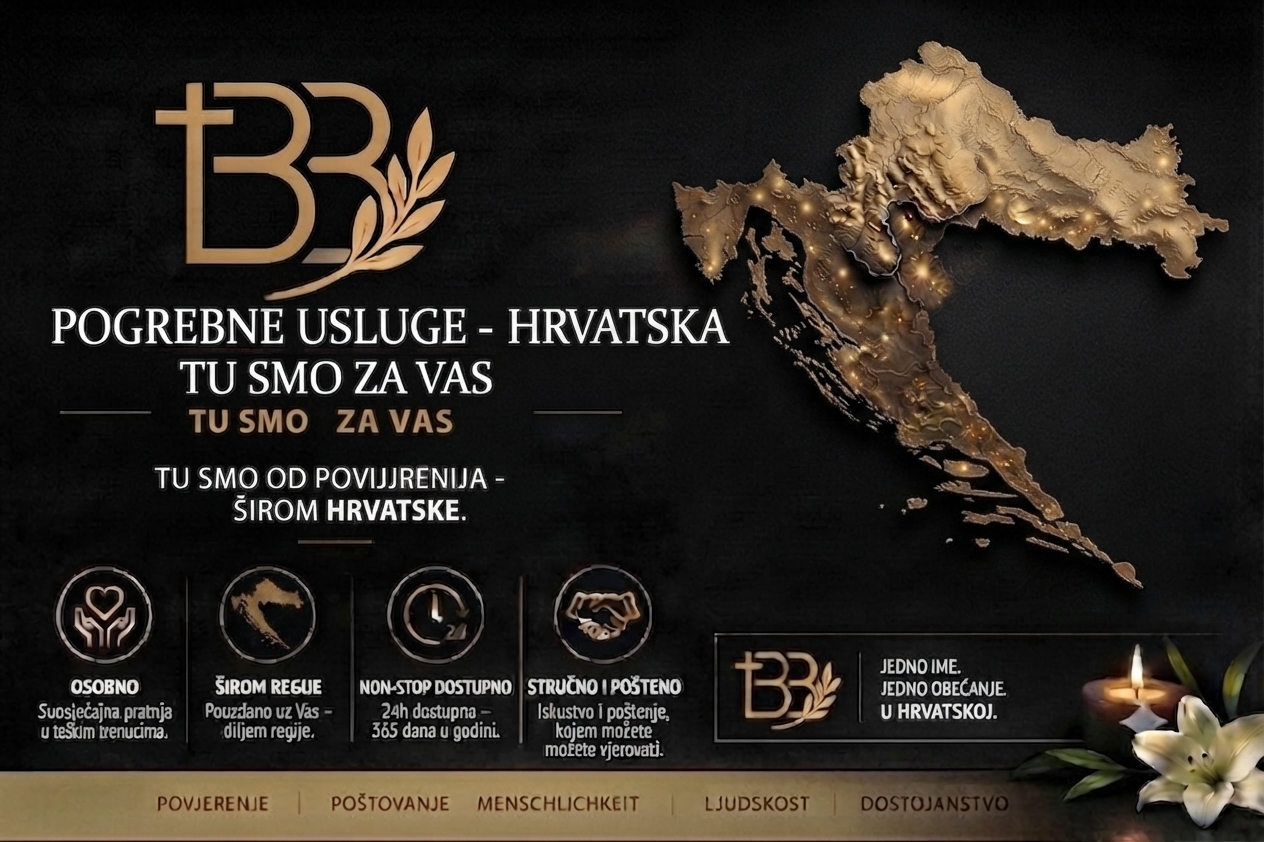 Profesionalni oglasni plakat za pogrebne usluge u Hrvatskoj na crnoj podlozi, sa zlatnom reljefnom kartom Hrvatske, logotipom tvrtke "BB", sloganom "Tu smo za vas", četiri ikone usluga, svijećom za odavanje počasti s ljiljanom i vrijednostima "Povjerenje, Poštovanje, Menschlichkeit, Ljudskost, Dostojanstvo".