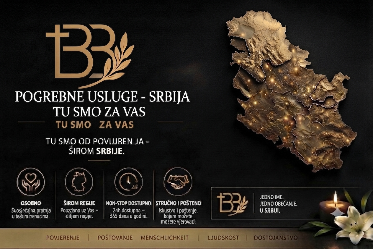 Profesionalni oglasni plakat za pogrebne usluge u Srbiji na crnoj podlozi, sa zlatnom reljefnom kartom Srbije, logotipom tvrtke "BB", sloganom "Tu smo za vas", četiri ikone usluga, svijećom za odavanje počasti s ljiljanom i vrijednostima "Povjerenje, Poštovanje, Menschlichkeit, Ljudskost, Dostojanstvo".