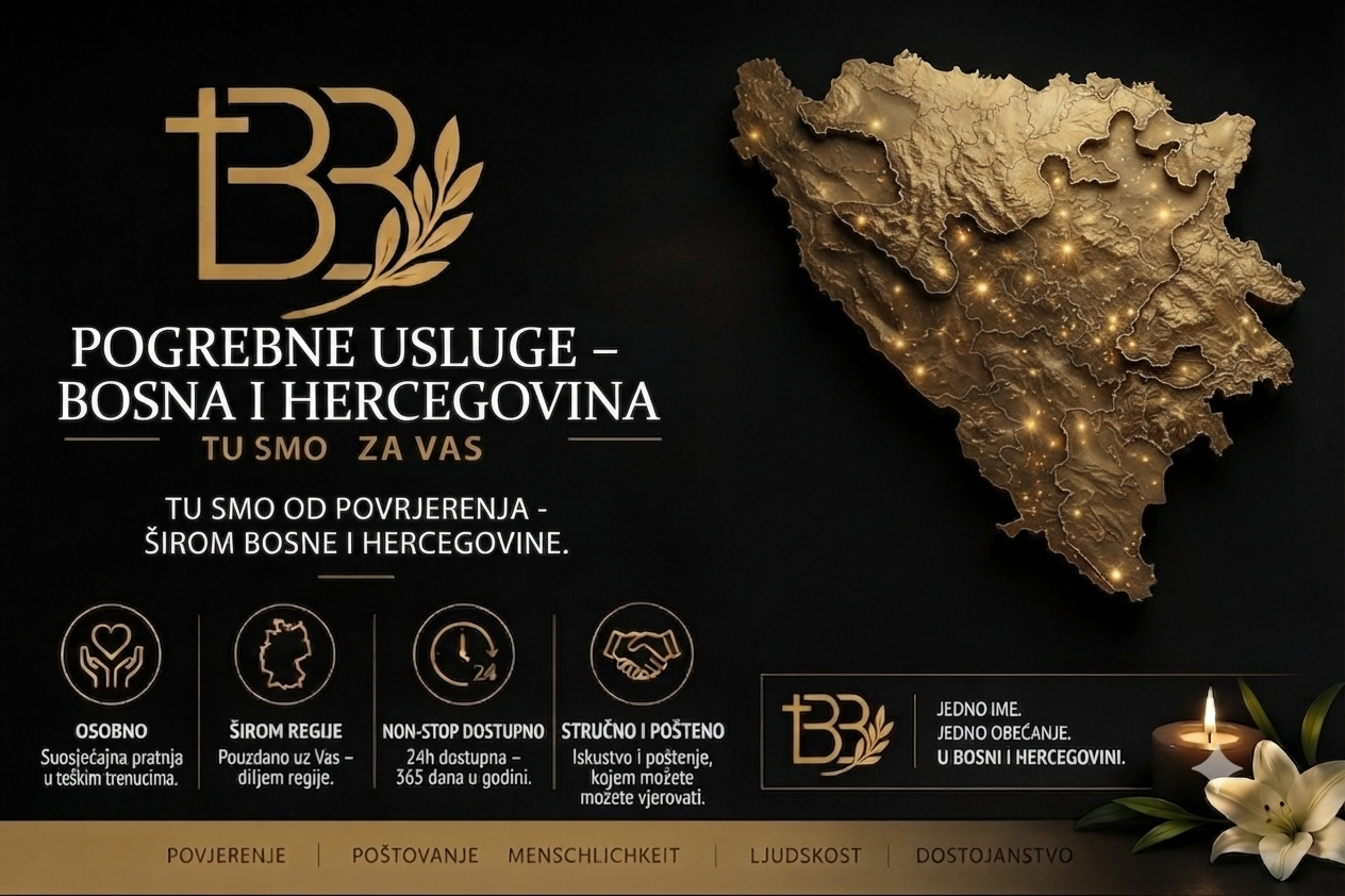 Profesionalna oglasna slika za pogrebne usluge „BB“ u elegantnom crnom dizajnu sa zlatnim detaljima. Sadrži stilizirani zlatni logo sa križem i lovorovom grančicom, naslov „POGREBNE USLUGE – BOSNA I HERCEGOVINA“, te detaljnu zlatnu kartu Bosne i Hercegovine sa svjetlosnim akcentima. U donjem dijelu nalaze se četiri ikone usluga (osobno, širom regije, non-stop dostupno, stručno i pošteno), upaljena svijeća sa bijelim cvijetom i slogan: „JEDNO IME. JEDNO OBEĆANJE. U BOSNI I HERCEGOVINI.“