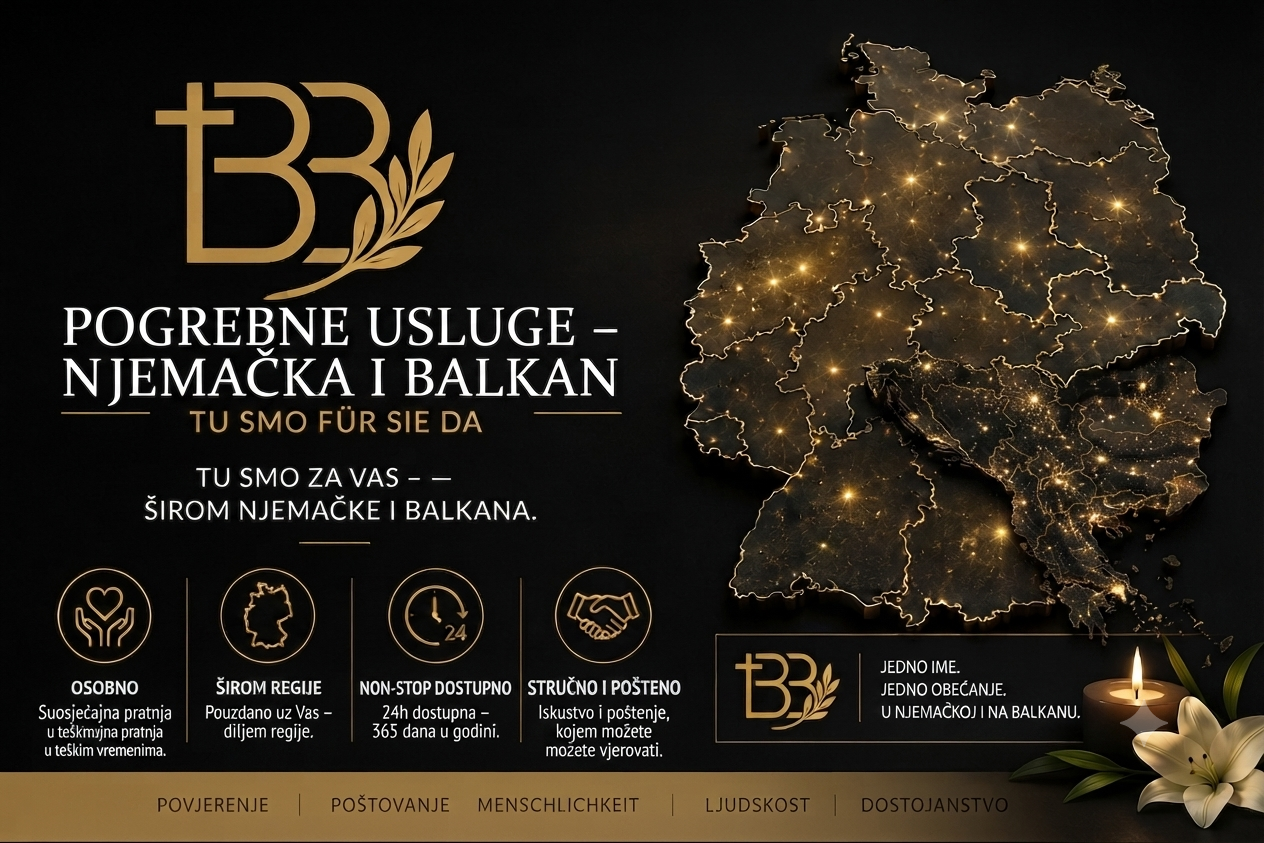 BB Pogrebne usluge i međunarodni prijevoz pokojnika širom Njemačke i Balkana, 24/7 pouzdana i dostojanstvena podrška.